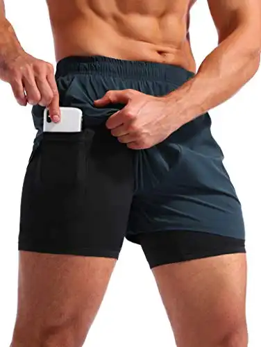 Leidowei Men's 2-in-1 Workout Running Shorts Lightweight Training Yoga Gym 7 Short with Zipper Pockets, Light Grey